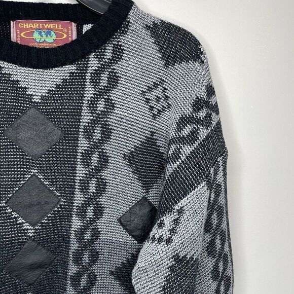 CHARTWELL Mens VTG Gray-Black Geometric Pullover Sweater XL Leather Patches - Picture 3 of 7